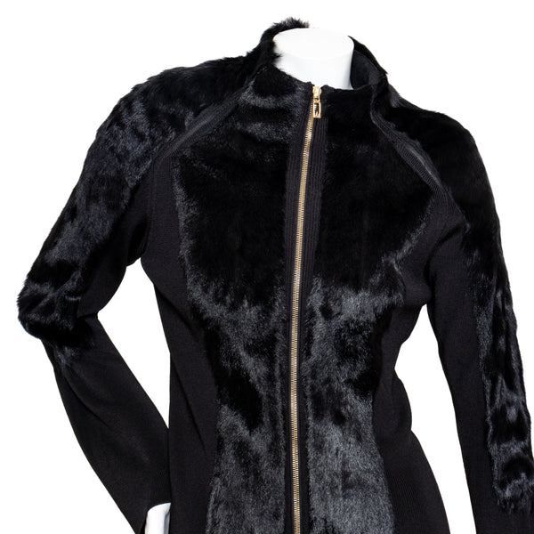 Gucci Late 90s Black Knit and Fur Zippered Cardigan