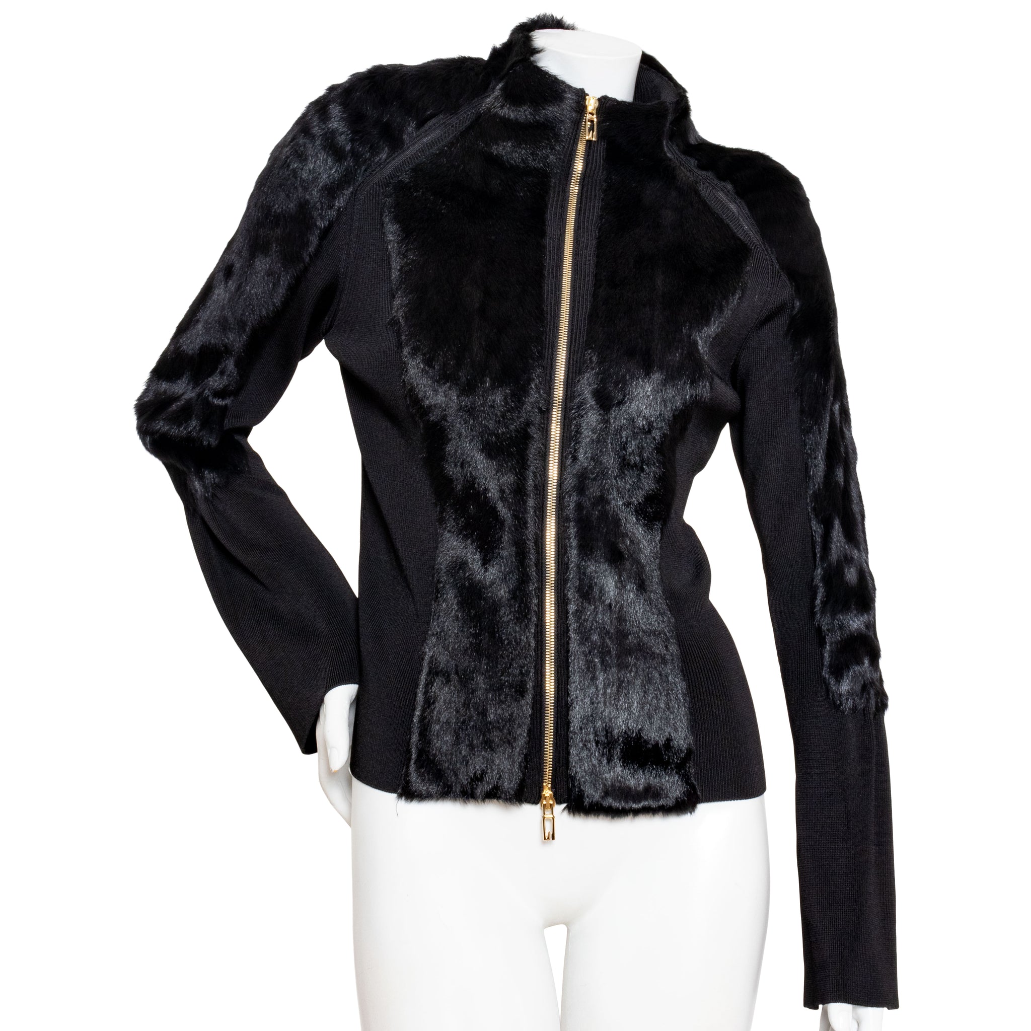 Gucci Late 90s Black Knit and Fur Zippered Cardigan