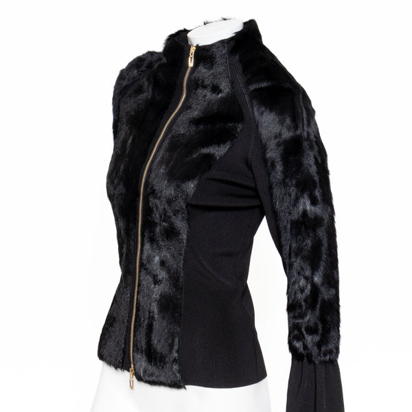 Gucci Late 90s Black Knit and Fur Zippered Cardigan