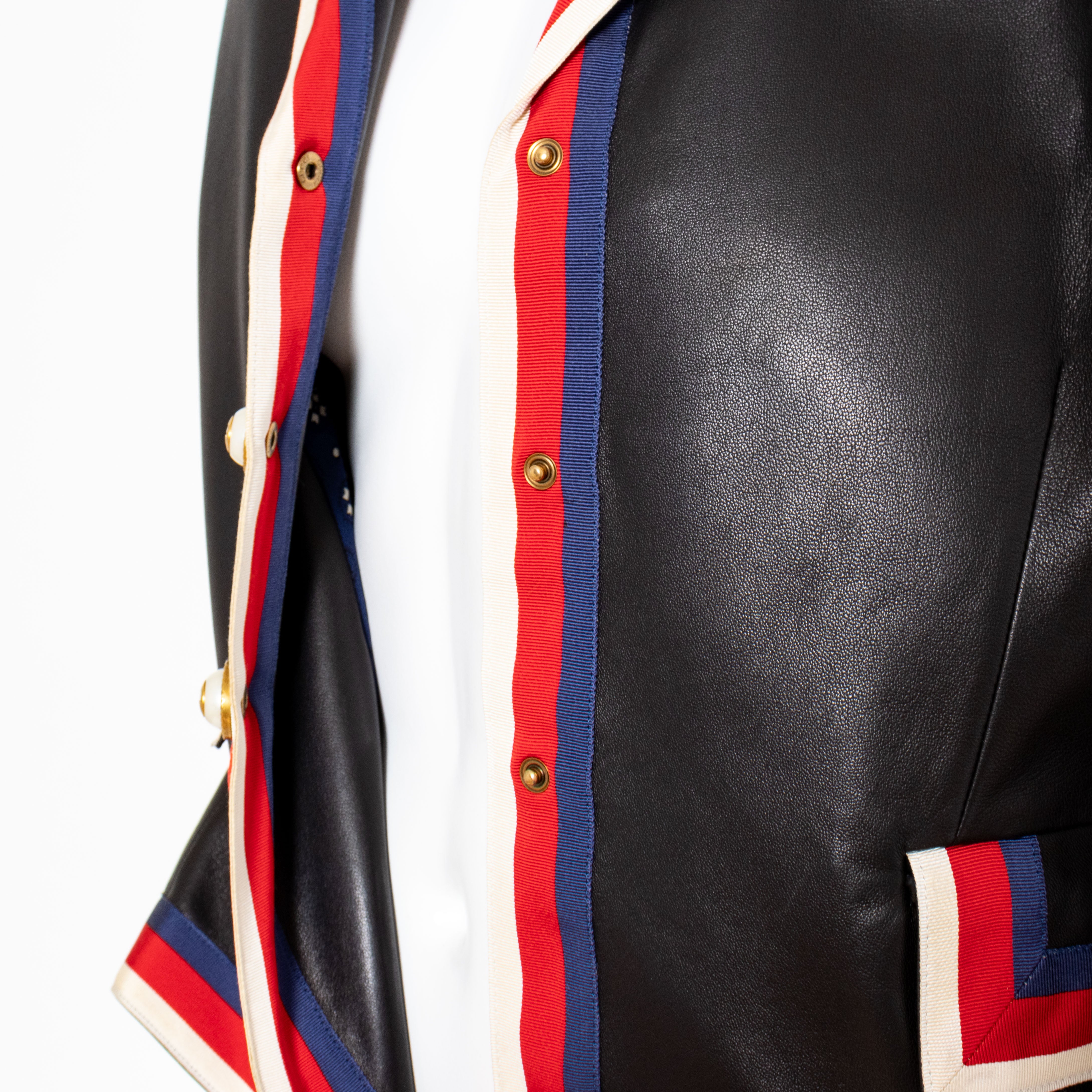 NWT GUCCI VARSITY LEATHER JACKET BLIND FOR LOVE, Size L/40R AND
