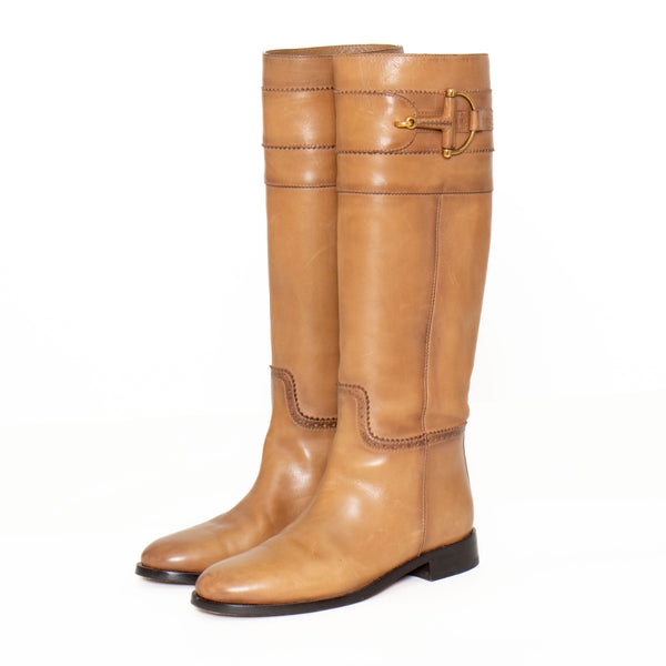 Gucci Tan Leather Horsebit Riding Boots