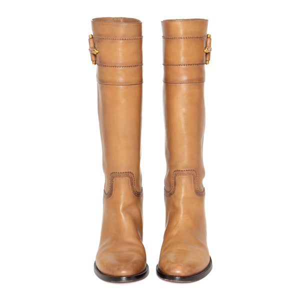 Gucci Tan Leather Horsebit Riding Boots