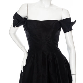 Vintage Black Taffeta Fit and Flare Shoulder-Bow Cocktail Dress