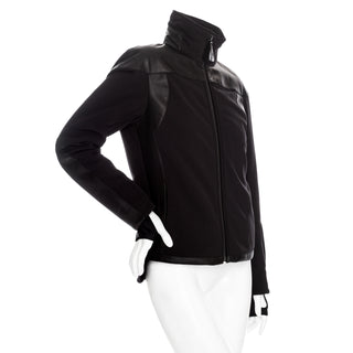 Black Leather-Trim Waterproof Paneled Ski Jacket