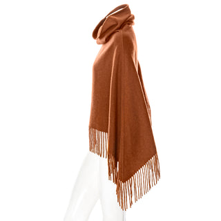 Brown Cashmere Fringed Cowl-Neck Poncho