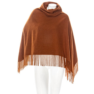 Brown Cashmere Fringed Cowl-Neck Poncho