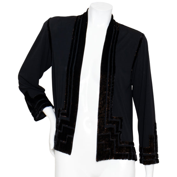 Janice Wainwright 1970s Black Velvet Burnout Dress and Matching Jacket Set