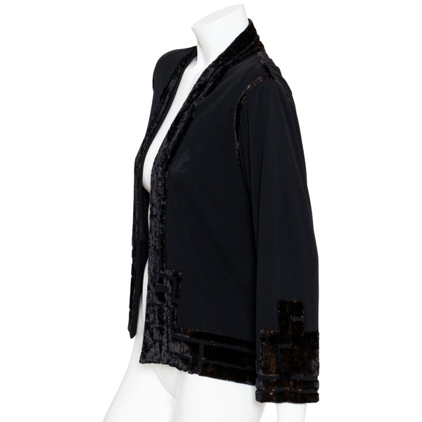 Janice Wainwright 1970s Black Velvet Burnout Dress and Matching Jacket Set