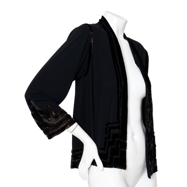 Janice Wainwright 1970s Black Velvet Burnout Dress and Matching Jacket Set