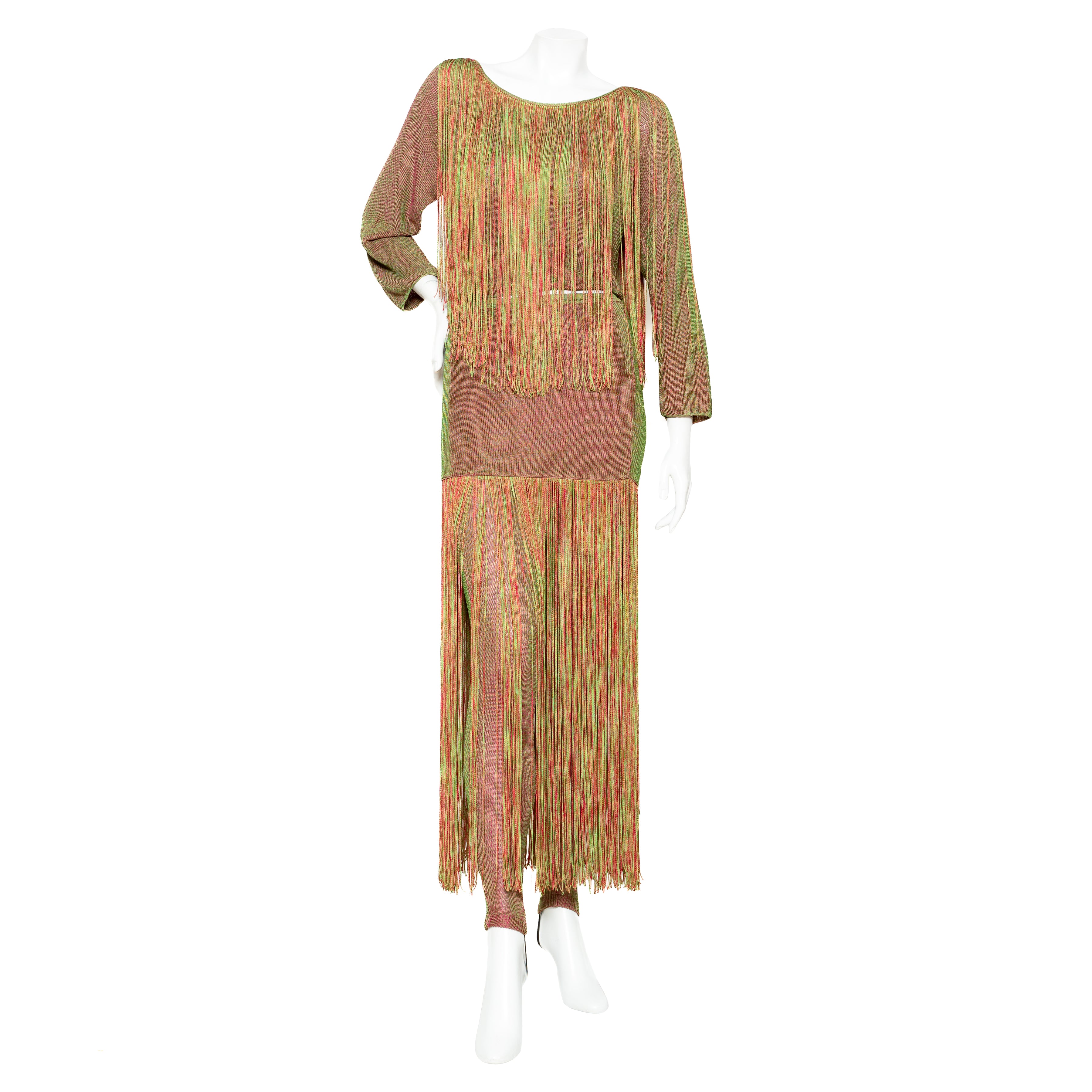 1980s Equator Red and Green Fringed Three-Piece Knit Top, Skirt