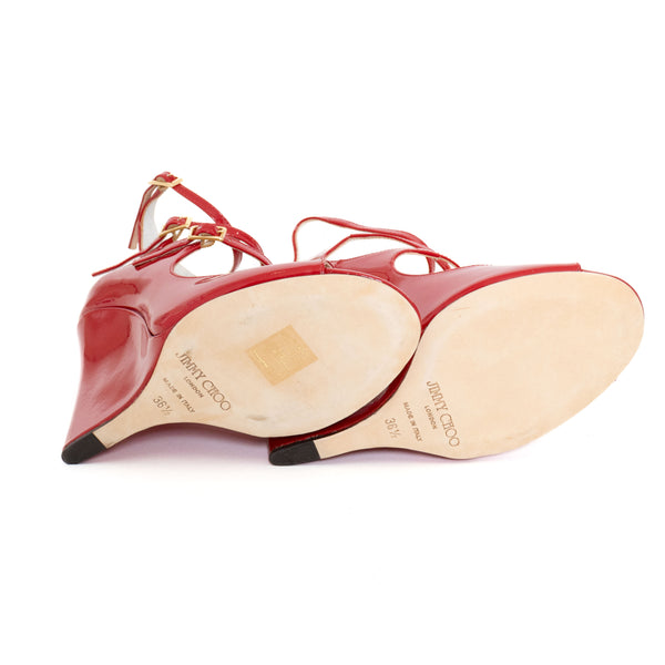 Jimmy Choo Gali Red Patent Leather Wedge Sandals