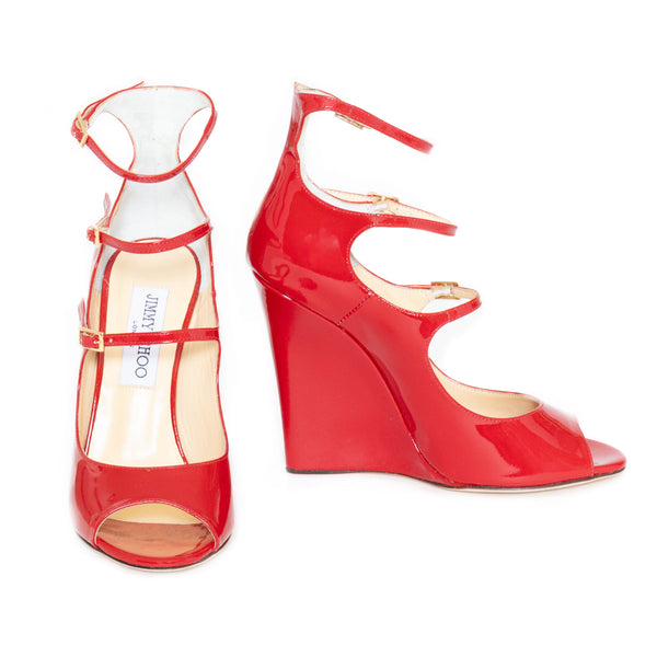 Jimmy Choo Gali Red Patent Leather Wedge Sandals