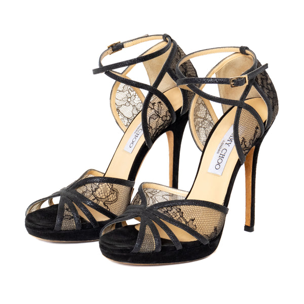 Jimmy Choo Black Lace and Glitter Fitch Sandals