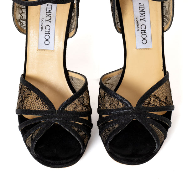 Jimmy Choo Black Lace and Glitter Fitch Sandals