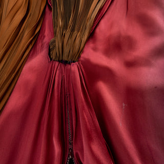 1950s Burgundy and Brown Satin Strapless Fan Pleated Gown