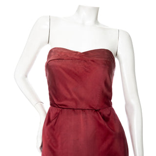 1950s Burgundy and Brown Satin Strapless Fan Pleated Gown