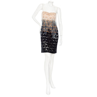 Preowned vintage La Perla lace dress featuring spaghetti straps, sweetheart neckline, and an ombré layer gradated from cream to slate gray to black with a tan bodysuit underneath. Size IT 44, an estimated US Size 6 or Small. Available online and in store at speciality vintage consignment shop Decades in Los Angeles.