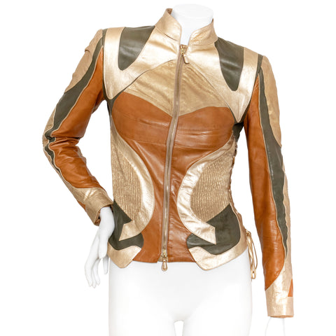 Alexander McQueen 2003 Brown and Gold Patchwork Biker Jacket