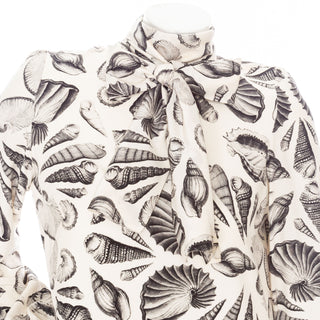 Ivory and Black Crêpe de Chine Seashell Print Scarf-Tie Dress