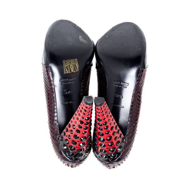 Miu Miu Peep Toe Patent and Snakeskin Crystal Embellished Pumps
