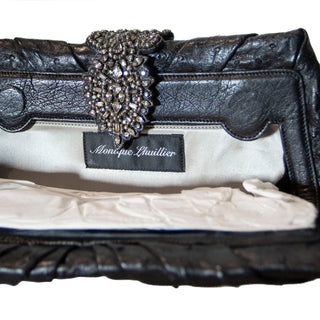 Black Ostrich Leather Crystal Embellished Clutch