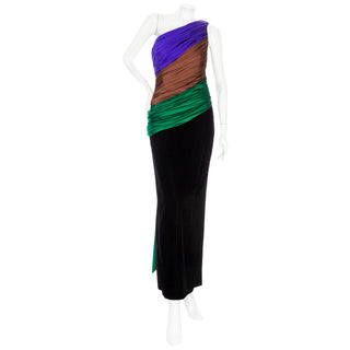 1980s Miss O Velvet and Silk One-Shoulder Evening Dress