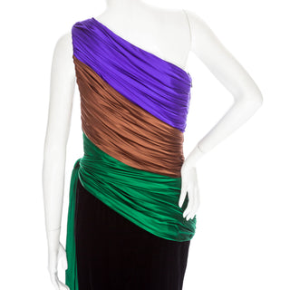 1980s Miss O Velvet and Silk One-Shoulder Evening Dress