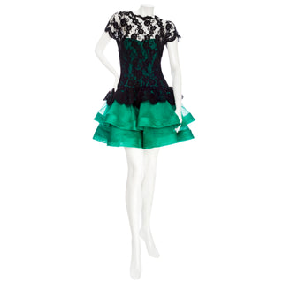 1990s Black Lace and Green Tulle Tiered Dress