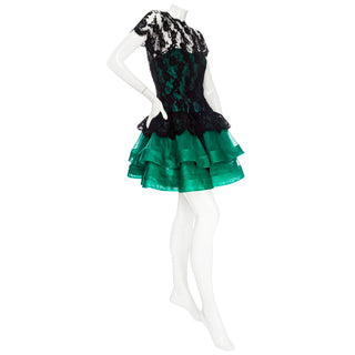 1990s Black Lace and Green Tulle Tiered Dress