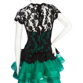 1990s Black Lace and Green Tulle Tiered Dress