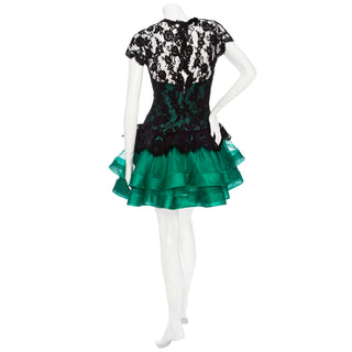 1990s Black Lace and Green Tulle Tiered Dress