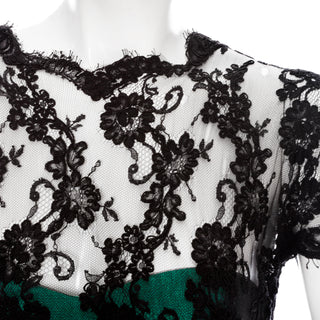 1990s Black Lace and Green Tulle Tiered Dress