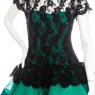 1990s Black Lace and Green Tulle Tiered Dress