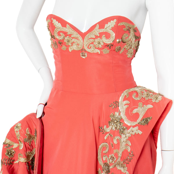 Oscar de la Renta Coral Embroidered Gown