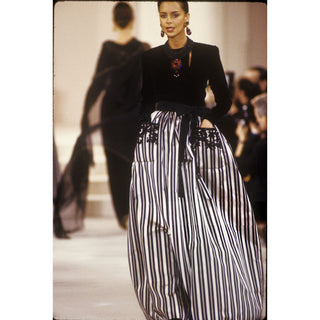 1980s Black Velvet Top and Silk Striped Skirt Set