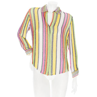 Vintage Multicolored Bead and Sequin Striped Collared Blouse