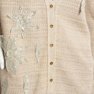 Beige Metallic Floral Appliqué Knit Cardigan