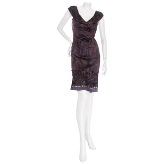 Purple Silk Print Beaded Sheath Dress