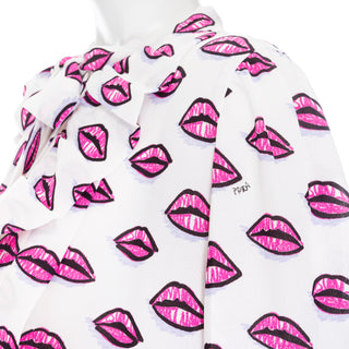 White and Pink Kiss Print Pleated Tie-Neck Dress