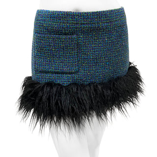 2021 Blue Tweed and Faux Fur Mini Skirt