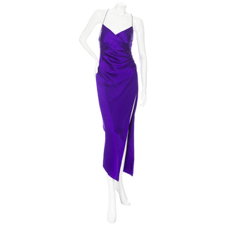 Resale Violet Purple Silk Draped Slit Midi Dress by The Sei in US 2, and New with Tags. Available for purchase online and in store at Decades Los Angeles.