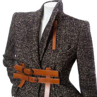 Black and Brown Wool-Blend Tweed Belted Jacket