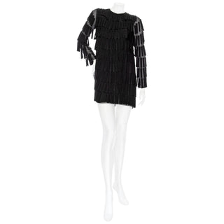 Black Voile Fringed Long Sleeve Mini Shift Dress