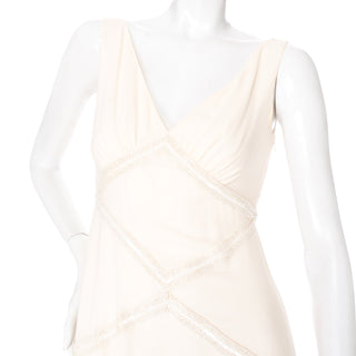 2000s Ivory White Silk Beaded Sleeveless Dress