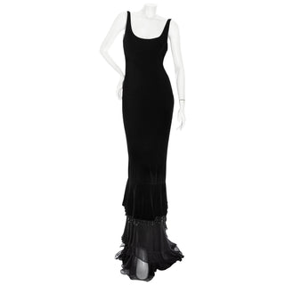 1990s Black Velvet Bead Trim Scoop Neck Mermaid Gown