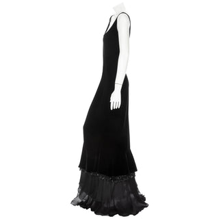 1990s Black Velvet Bead Trim Scoop Neck Mermaid Gown