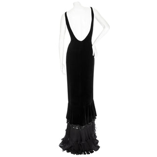 1990s Black Velvet Bead Trim Scoop Neck Mermaid Gown