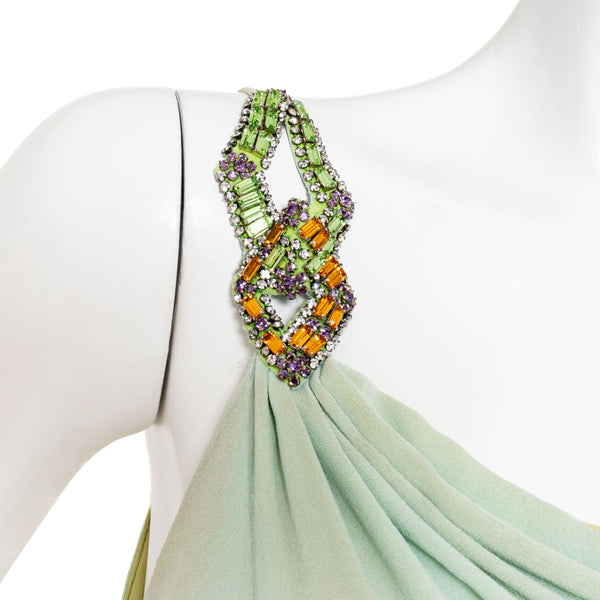 Versace Atelier One Shoulder Crystal and Silk Green Dress