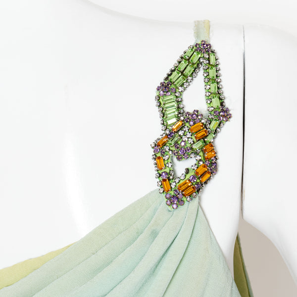 Versace Atelier One Shoulder Crystal and Silk Green Dress