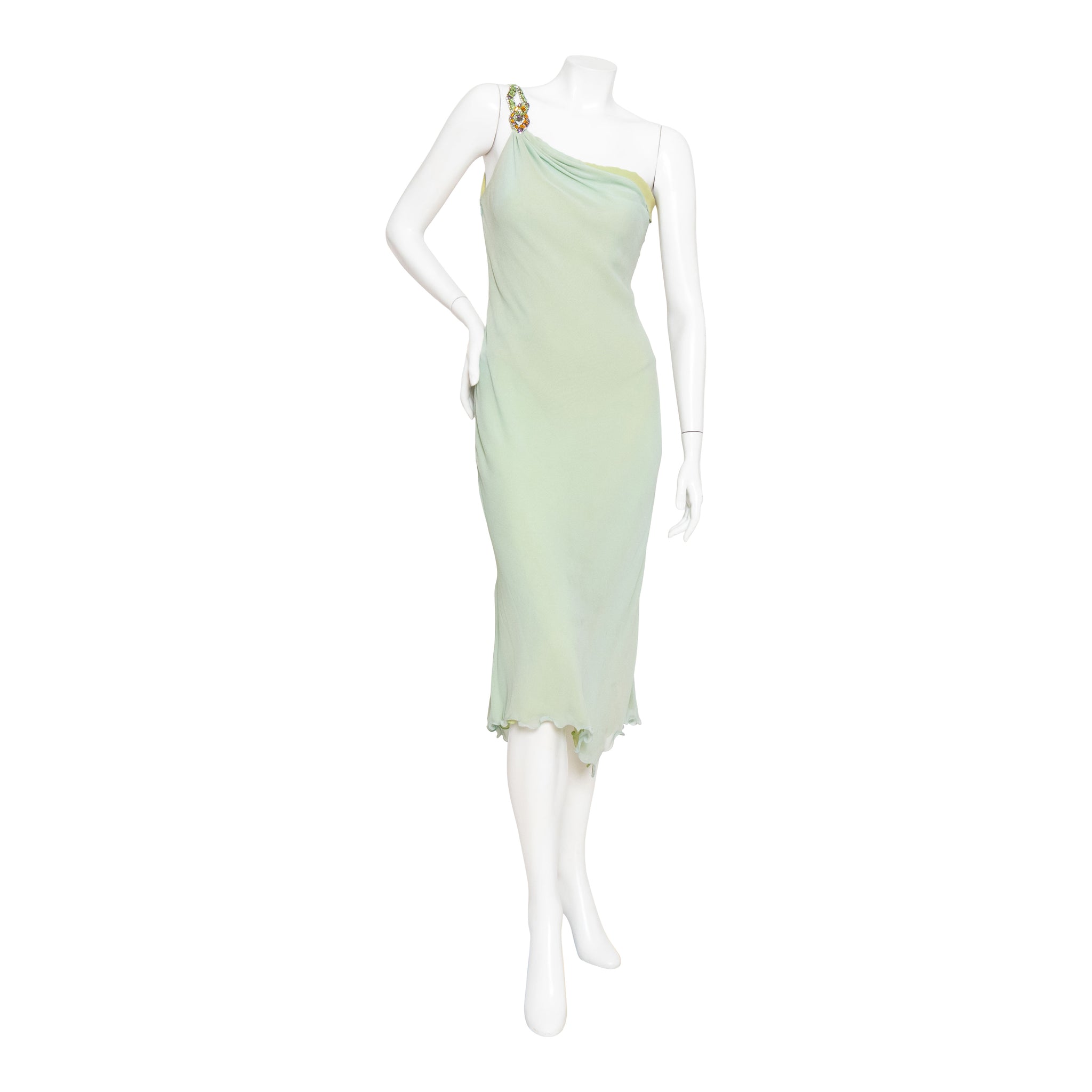 Versace Atelier One Shoulder Crystal and Silk Green Dress
